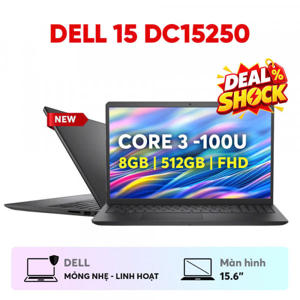 LAPTOP DELL 15 DC15250 CORE 3 -100U/ 8GB/ 512GB SSD/ 15.6' FHD/ CAM & MIC/ BT/ US ENG KB/ 3 CELL/ CARBON BLACK_NK