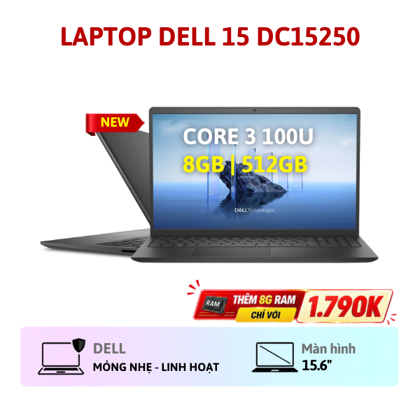 LAPTOP DELL 15 DC15250 CORE 3 -100U/ 8GB/ 512GB SSD/ 15.6' FHD/ CAM & MIC/ BT/ US ENG KB/ 3 CELL/ UBUNTU/ CARBON BLACK (PLASTIC)