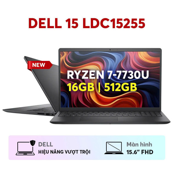 LAPTOP DELL 15 LDC15255, AMD RYZEN 7-7730U, 16GB, 512GB SSD, AMD RADEON GRAPHICS, 15.6”(1920X1080), TOUCH, W11, BLK_NK