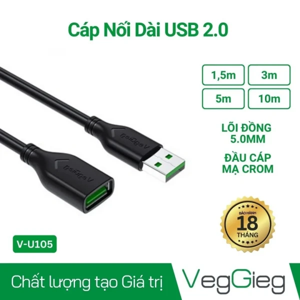 DÂY NỐI DÀI USB 1.5M  VEGGIEG (VU105)