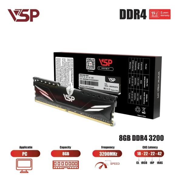 RAM VSP 8GB (1X8GB) BUS 3200MHZ DDR4 CL18 TẢN NHIỆT NHÔM ĐEN (DD04-8GDDR40173)
