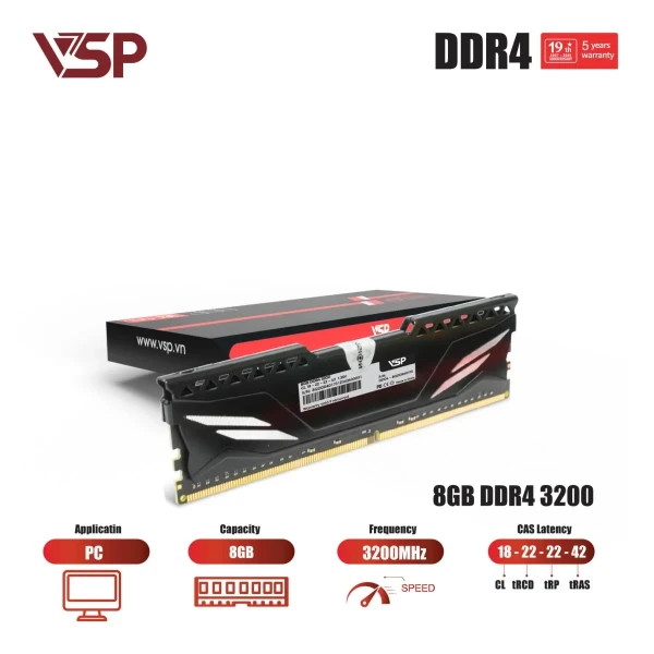 RAM VSP 8GB (1X8GB) BUS 3200MHZ DDR4 CL18 TẢN NHIỆT NHÔM ĐEN (DD04-8GDDR40173)