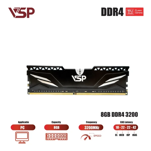 RAM VSP 8GB (1X8GB) BUS 3200MHZ DDR4 CL18 TẢN NHIỆT NHÔM ĐEN (DD04-8GDDR40173)