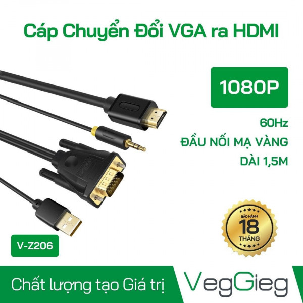 DÂY CHUYỂN  VGA TO HDMI VEGGIEG AUDIO VZ206 1.5M