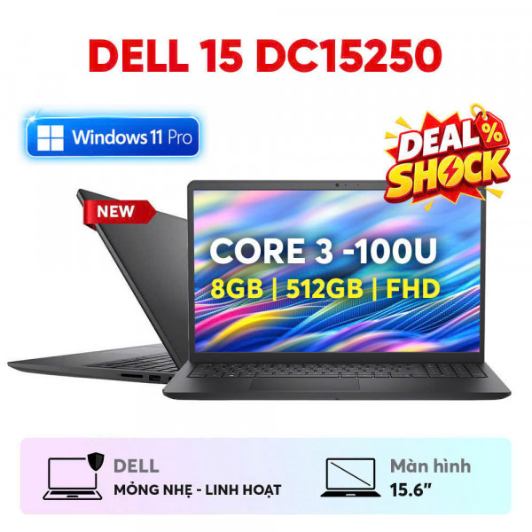 LAPTOP DELL 15 DC15250 CORE 3 -100U/ 8GB/ 512GB SSD/ 15.6' FHD/ CAM & MIC/ BT/ US ENG KB/ 3 CELL/ WIN11/ CARBON BLACK_NK
